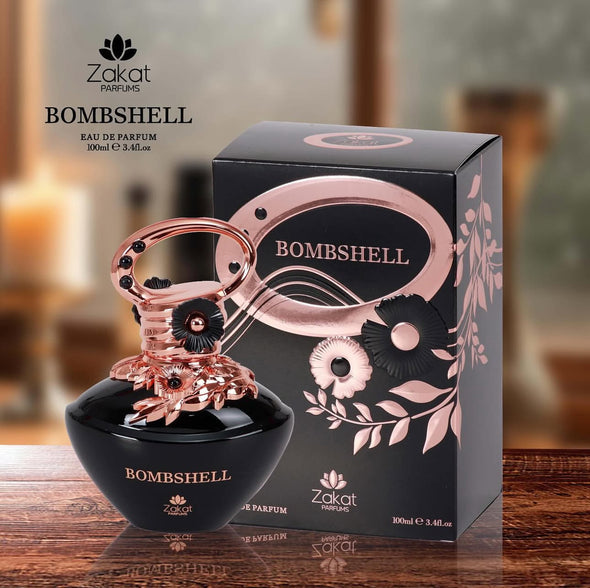 Zakat Bombshell Eau de Parfum 100ml – Zakat Parfums, frasco negro y oro rosa