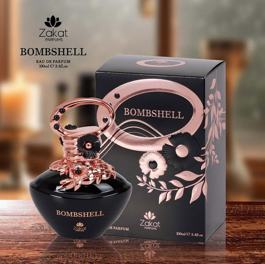 Zakat Bombshell Eau de Parfum 100ml – Zakat Parfums, frasco negro y oro rosa