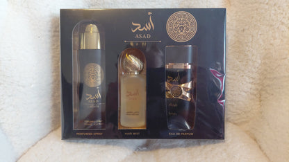 Lattafa Asad Unisex – 3-Piece Gift Set (EDP + Deodorant + Hair Mist)
