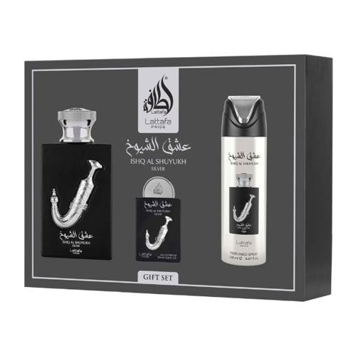 Lattafa Ishq Al Shuyukh Silver Unisex – 3-Piece Gift Set (EDP + EDP + Hair Mist)